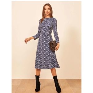 Reformation Moon Floral Long Sleeve Dress In Monterey- Navy Blue Floral